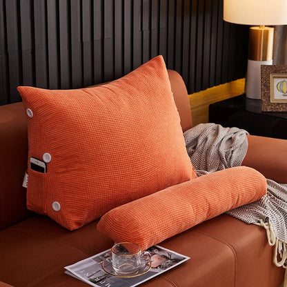 Plush lumbar cushion with adjustable headrest for comfortable back support on sofa or bed