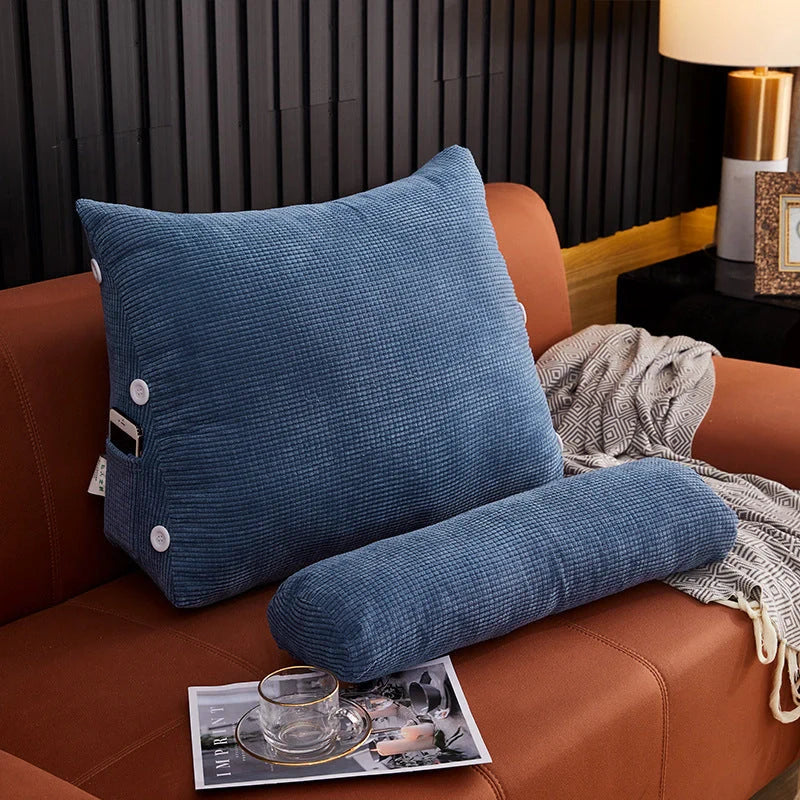 Plush lumbar cushion with adjustable headrest for comfortable back support on sofa or bed