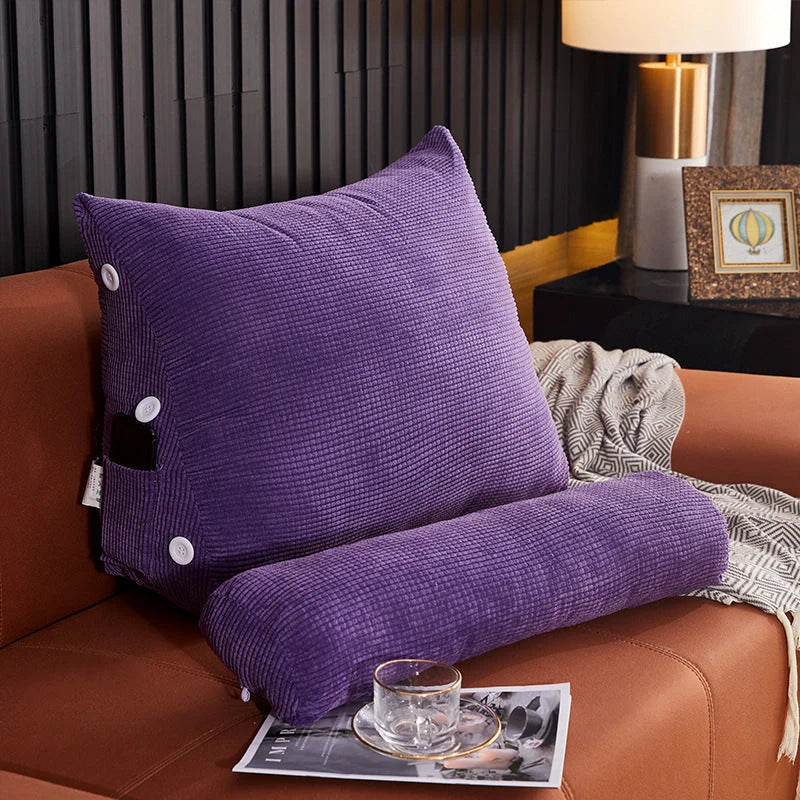 Plush lumbar cushion with adjustable headrest for comfortable back support on sofa or bed
