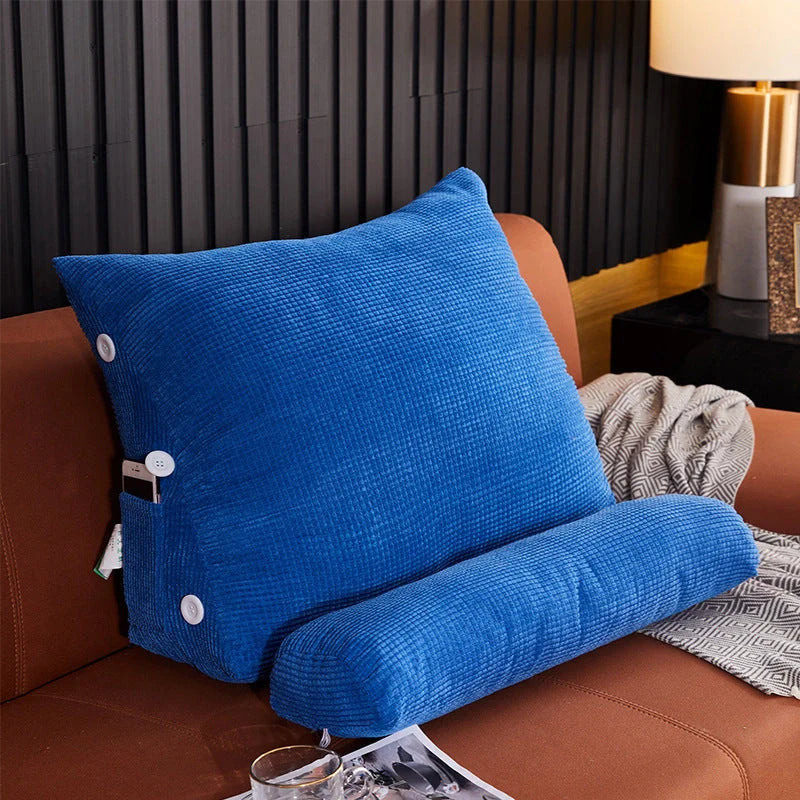Plush lumbar cushion with adjustable headrest for comfortable back support on sofa or bed