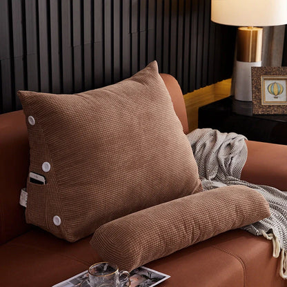 Plush lumbar cushion with adjustable headrest for comfortable back support on sofa or bed