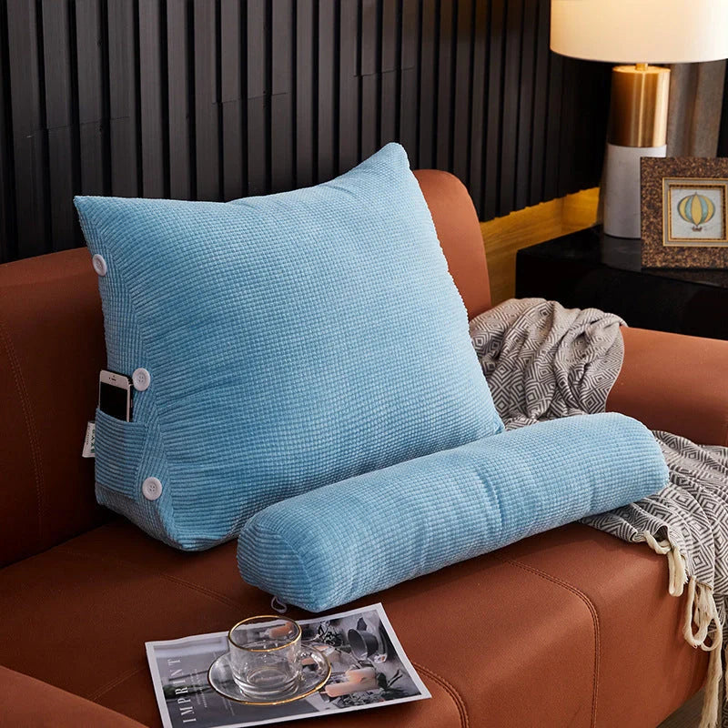 Plush lumbar cushion with adjustable headrest for comfortable back support on sofa or bed