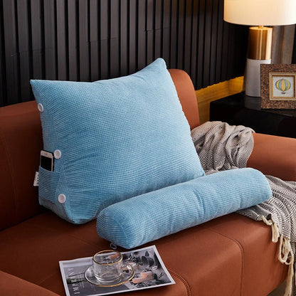 Plush lumbar cushion with adjustable headrest for comfortable back support on sofa or bed