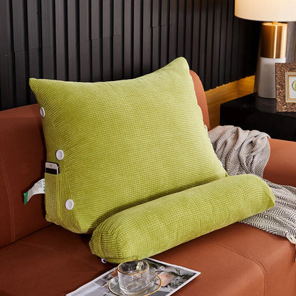 Plush lumbar cushion with adjustable headrest for comfortable back support on sofa or bed