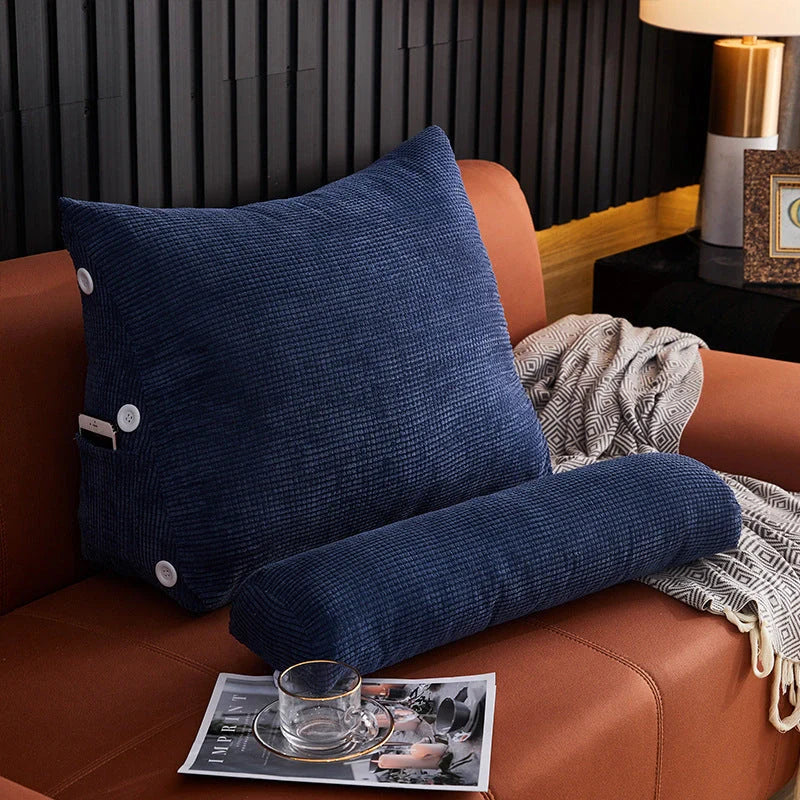 Plush lumbar cushion with adjustable headrest for comfortable back support on sofa or bed