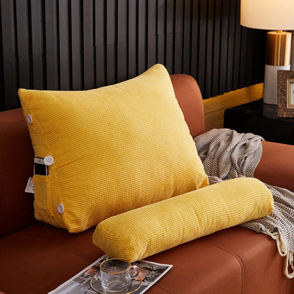 Plush lumbar cushion with adjustable headrest for comfortable back support on sofa or bed