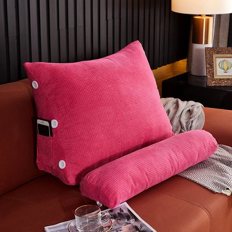 Plush lumbar cushion with adjustable headrest for comfortable back support on sofa or bed