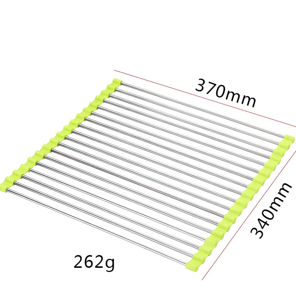 Stainless steel sink drain rack with rolling curtain design folded to show compact 5cm storage thickness