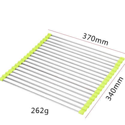 Stainless steel sink drain rack with rolling curtain design folded to show compact 5cm storage thickness