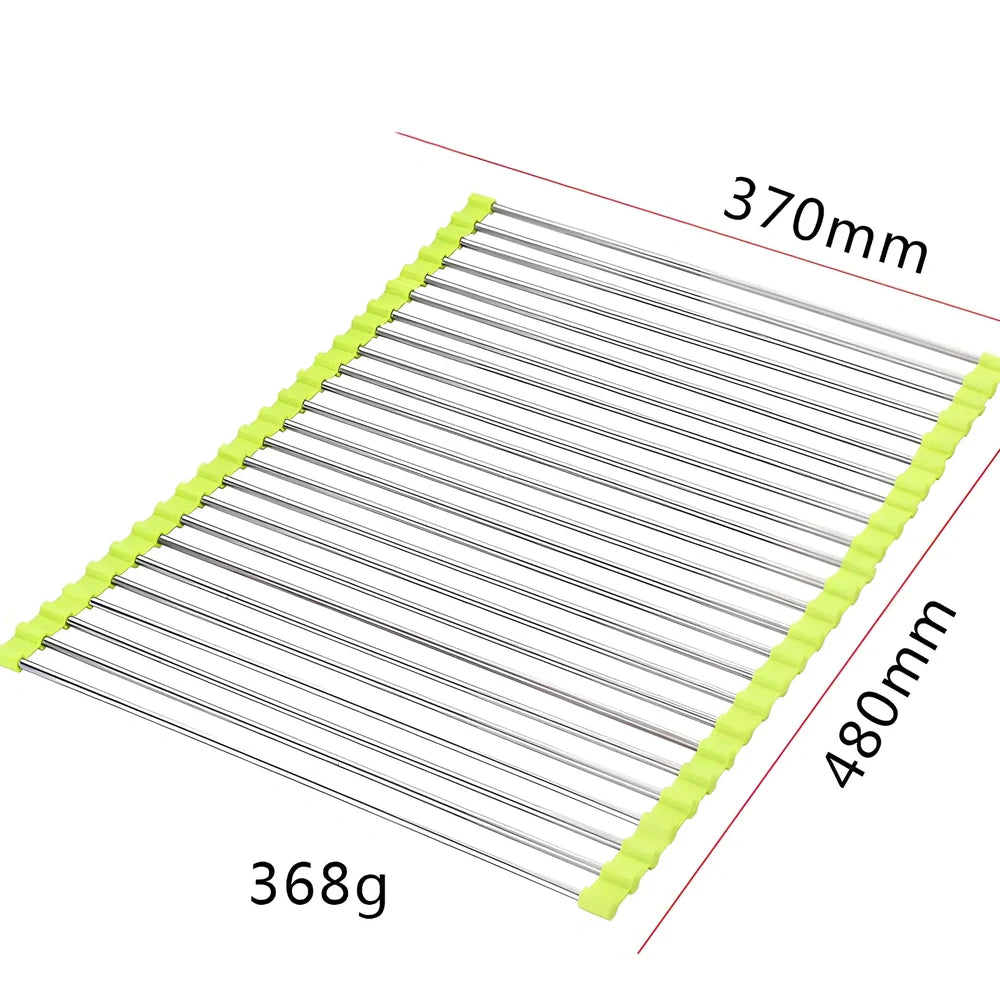 Stainless steel sink drain rack with rolling curtain design folded to show compact 5cm storage thickness