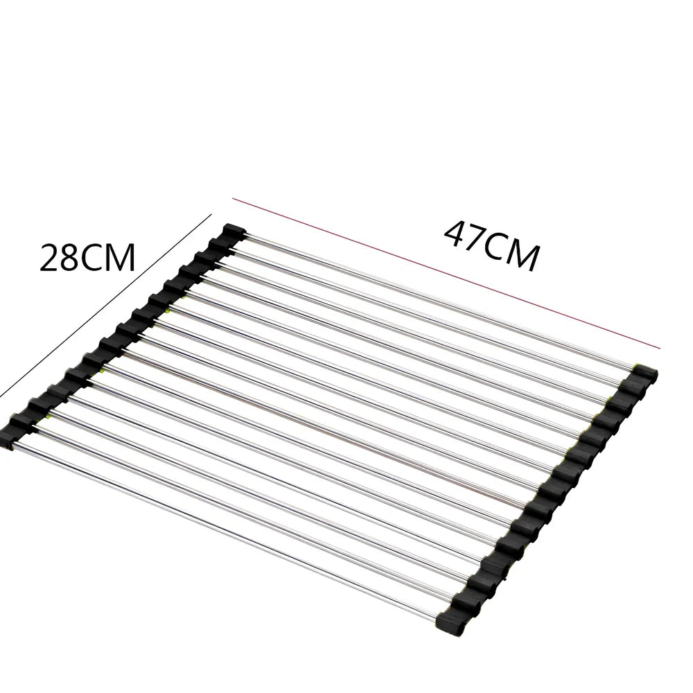 Stainless steel sink drain rack with rolling curtain design folded to show compact 5cm storage thickness