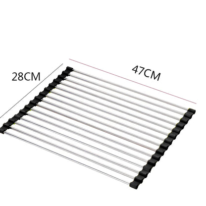 Stainless steel sink drain rack with rolling curtain design folded to show compact 5cm storage thickness