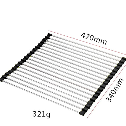 Stainless steel sink drain rack with rolling curtain design folded to show compact 5cm storage thickness