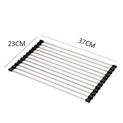Stainless steel sink drain rack with rolling curtain design folded to show compact 5cm storage thickness