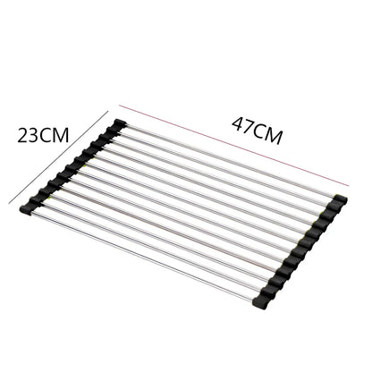 Stainless steel sink drain rack with rolling curtain design folded to show compact 5cm storage thickness