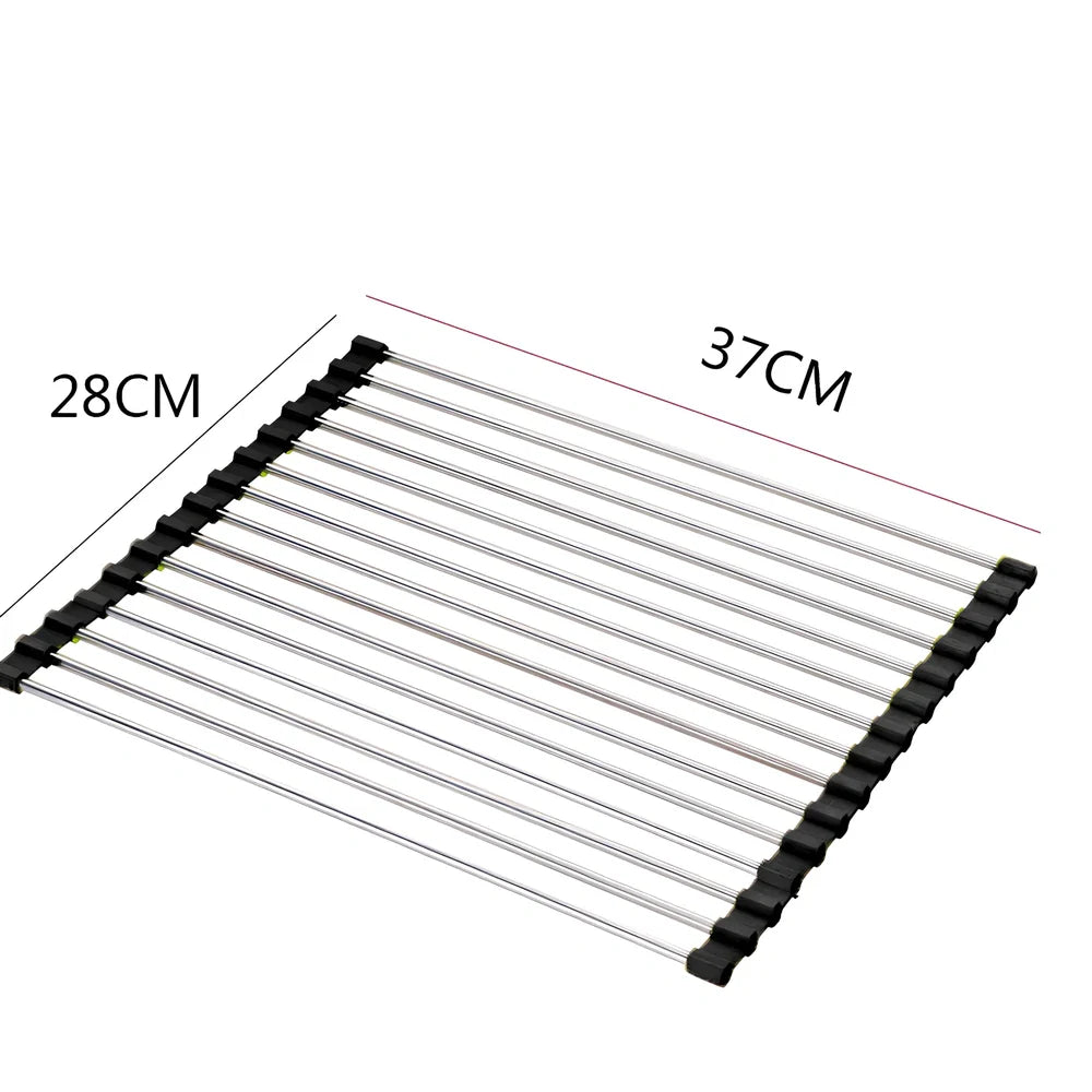 Stainless steel sink drain rack with rolling curtain design folded to show compact 5cm storage thickness