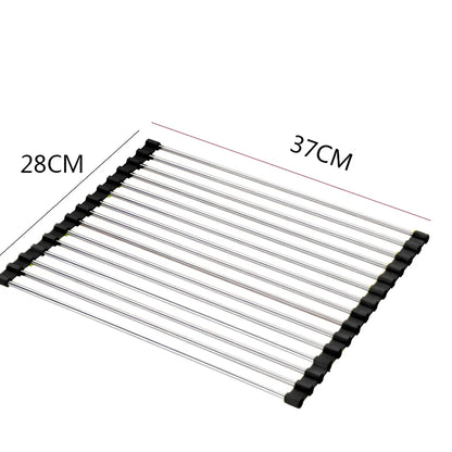 Stainless steel sink drain rack with rolling curtain design folded to show compact 5cm storage thickness