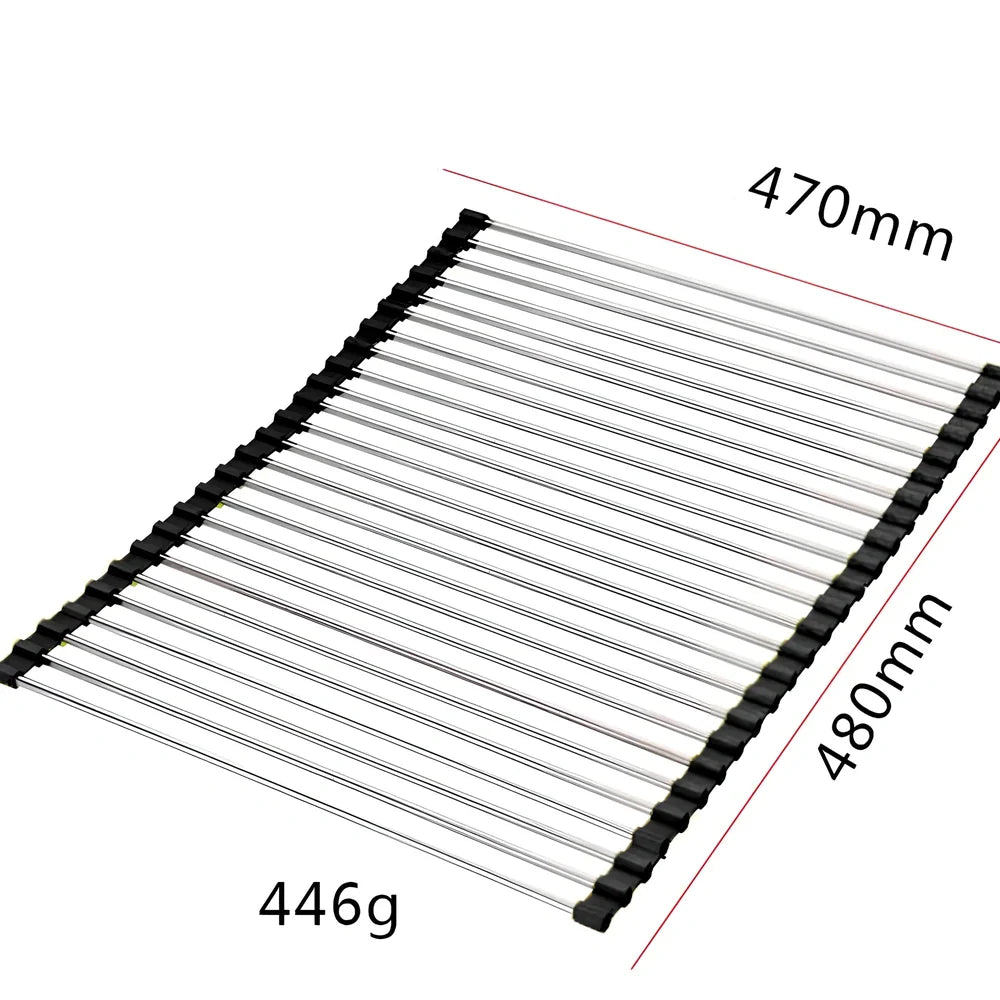 Stainless steel sink drain rack with rolling curtain design folded to show compact 5cm storage thickness