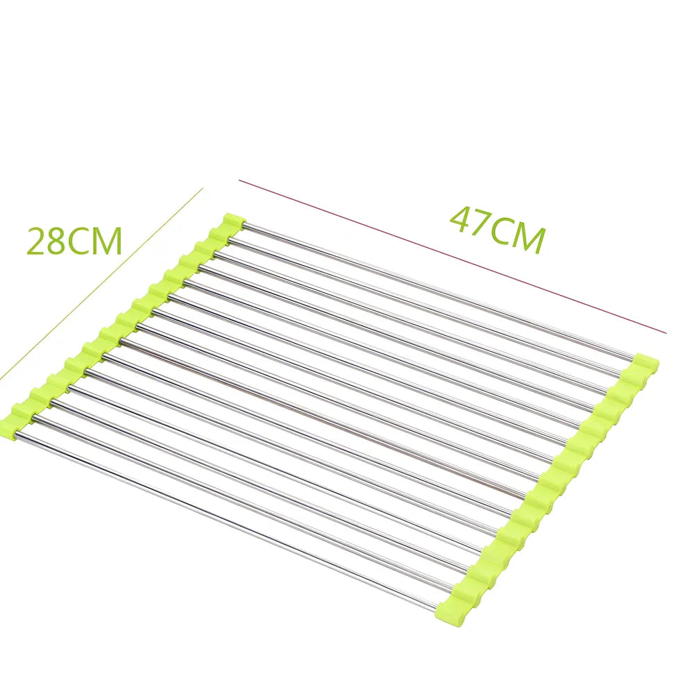 Stainless steel sink drain rack with rolling curtain design folded to show compact 5cm storage thickness