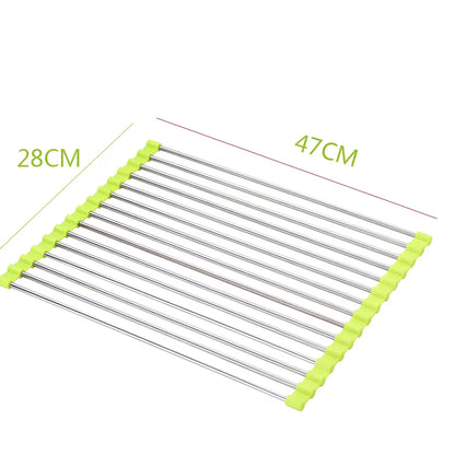 Stainless steel sink drain rack with rolling curtain design folded to show compact 5cm storage thickness