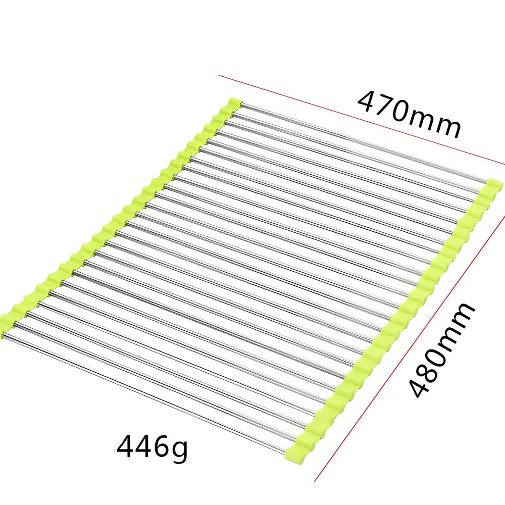 Stainless steel sink drain rack with rolling curtain design folded to show compact 5cm storage thickness