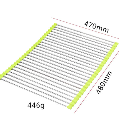 Stainless steel sink drain rack with rolling curtain design folded to show compact 5cm storage thickness