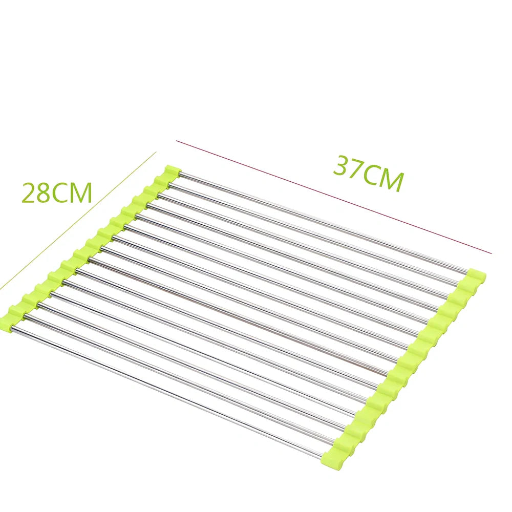Stainless steel sink drain rack with rolling curtain design folded to show compact 5cm storage thickness