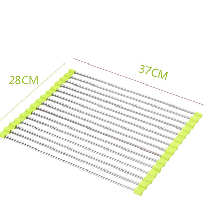 Stainless steel sink drain rack with rolling curtain design folded to show compact 5cm storage thickness