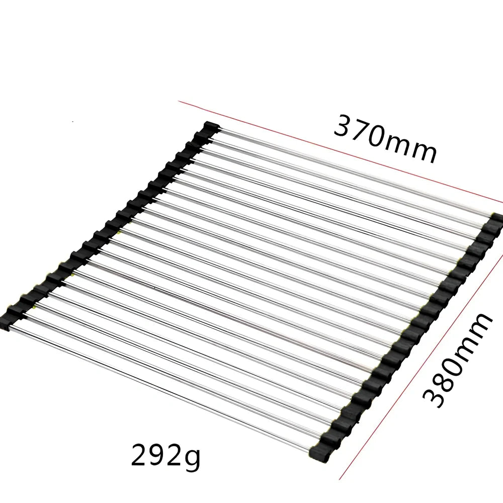 Stainless steel sink drain rack with rolling curtain design folded to show compact 5cm storage thickness