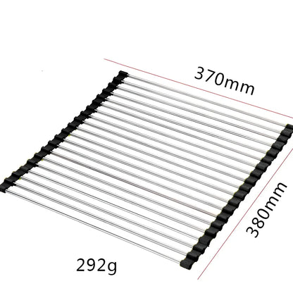Stainless steel sink drain rack with rolling curtain design folded to show compact 5cm storage thickness