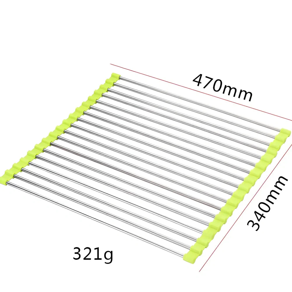 Stainless steel sink drain rack with rolling curtain design folded to show compact 5cm storage thickness