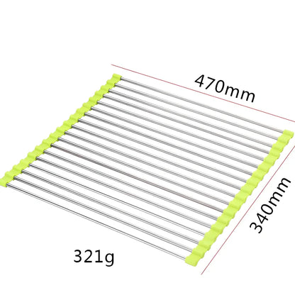 Stainless steel sink drain rack with rolling curtain design folded to show compact 5cm storage thickness