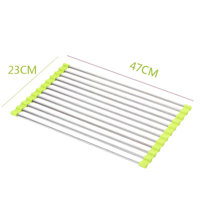 Stainless steel sink drain rack with rolling curtain design folded to show compact 5cm storage thickness