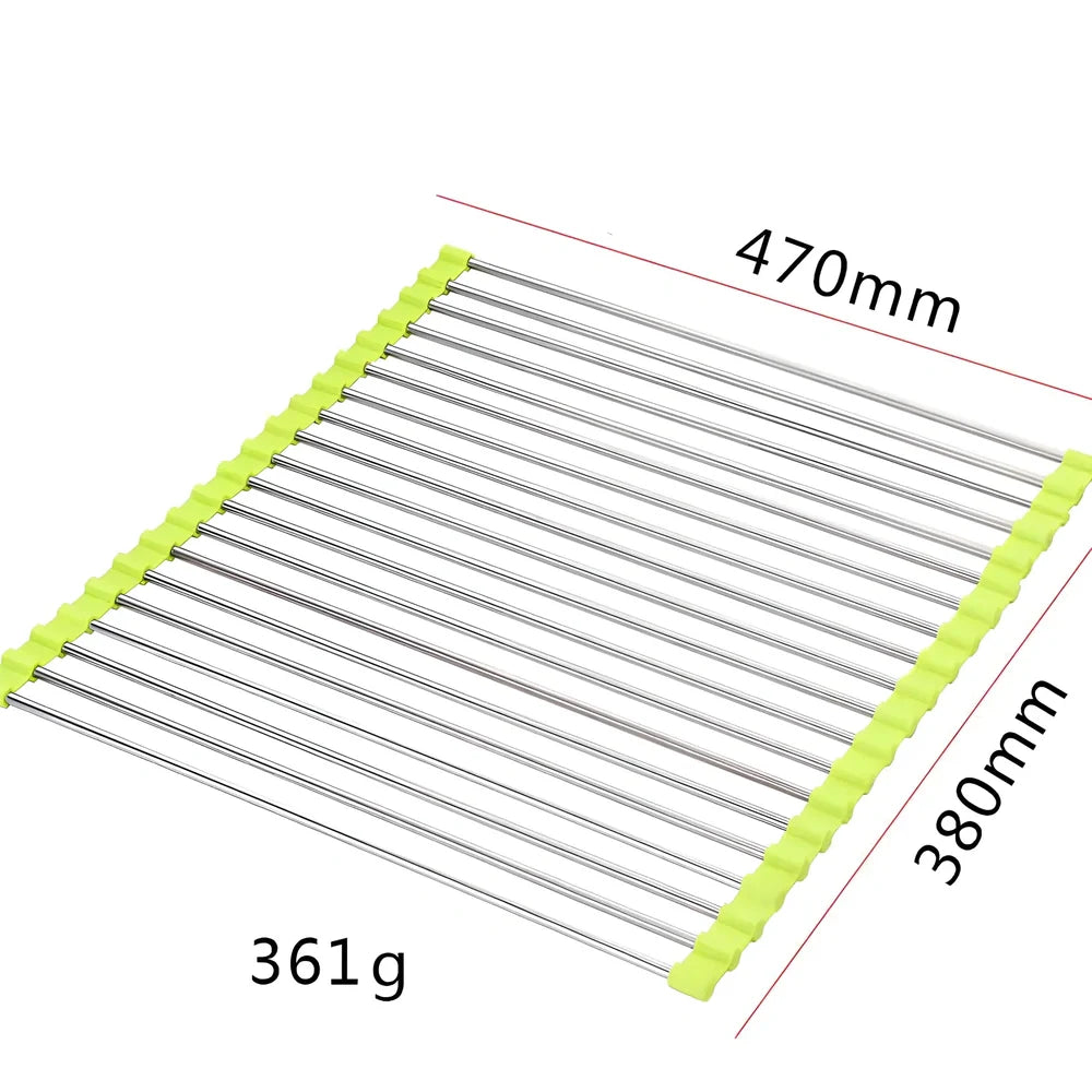 Stainless steel sink drain rack with rolling curtain design folded to show compact 5cm storage thickness