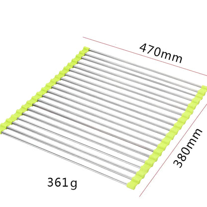 Stainless steel sink drain rack with rolling curtain design folded to show compact 5cm storage thickness