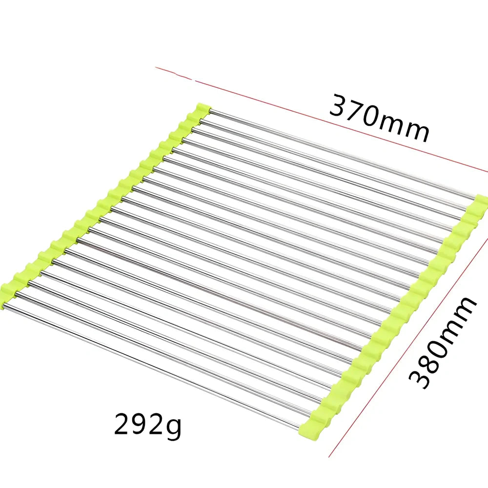 Stainless steel sink drain rack with rolling curtain design folded to show compact 5cm storage thickness