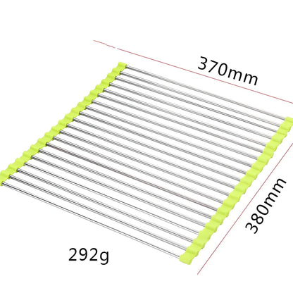 Stainless steel sink drain rack with rolling curtain design folded to show compact 5cm storage thickness