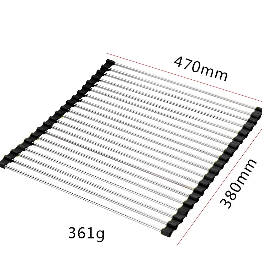 Stainless steel sink drain rack with rolling curtain design folded to show compact 5cm storage thickness