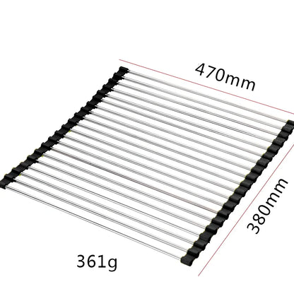 Stainless steel sink drain rack with rolling curtain design folded to show compact 5cm storage thickness
