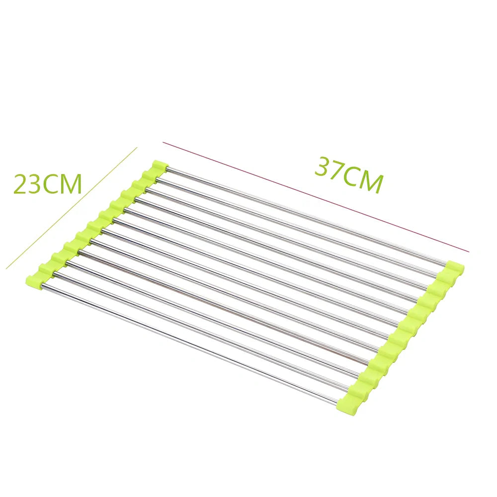 Stainless steel sink drain rack with rolling curtain design folded to show compact 5cm storage thickness