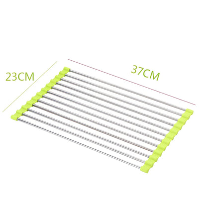 Stainless steel sink drain rack with rolling curtain design folded to show compact 5cm storage thickness