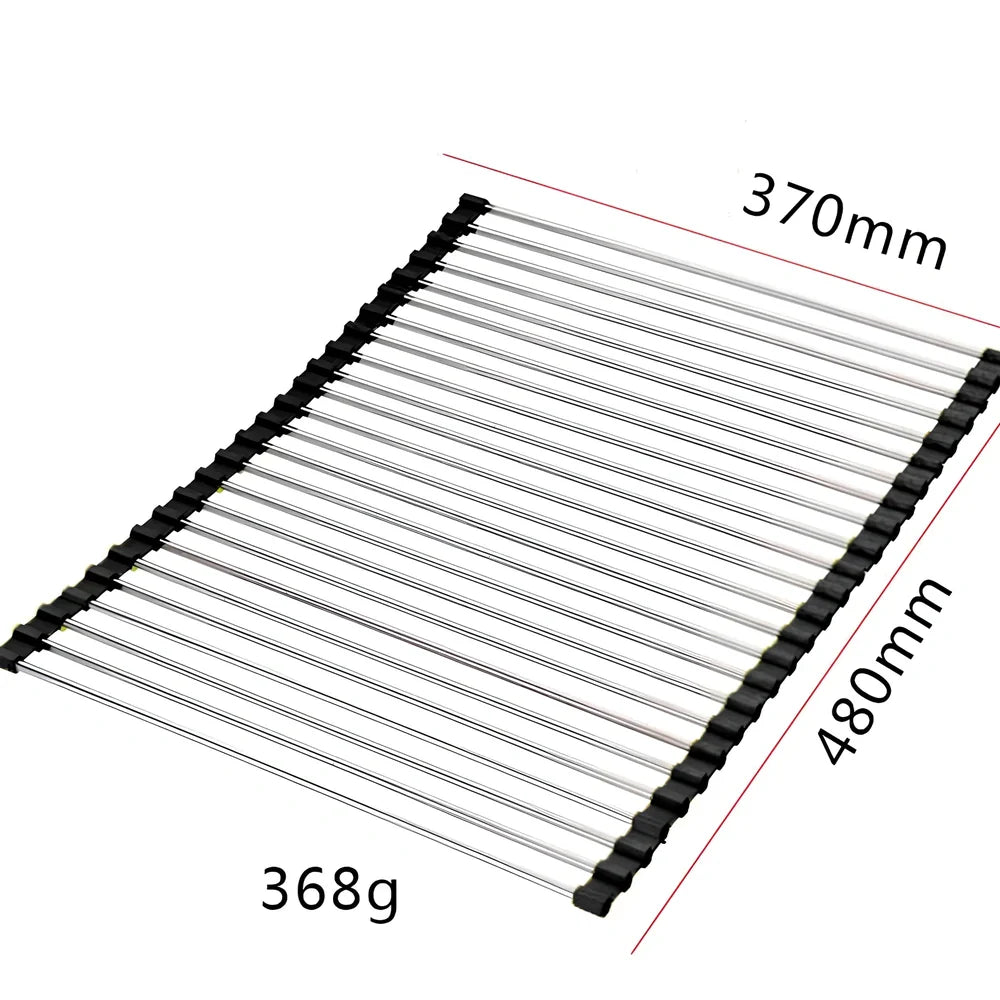 Stainless steel sink drain rack with rolling curtain design folded to show compact 5cm storage thickness