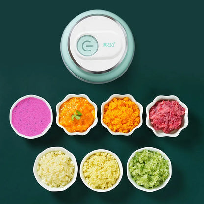Portable electric mini food chopper with transparent cup and stainless steel blade on a kitchen worktop.