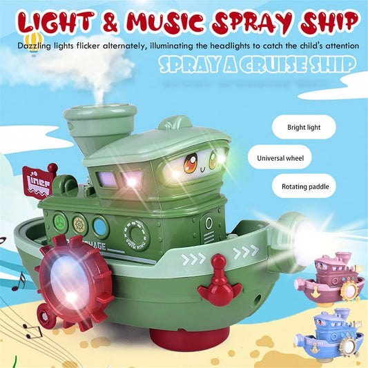 Electric water rotating spray ship toy in blue, green, or pink for baby bath time fun