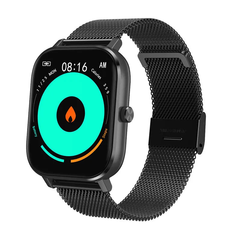 DT35 black smart watch with colour screen and silicone wristband showing Bluetooth calling interface
