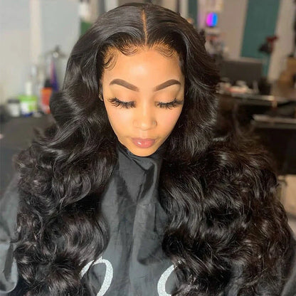 Long curly synthetic wig with lace front and gradient colours, styled with angled bangs