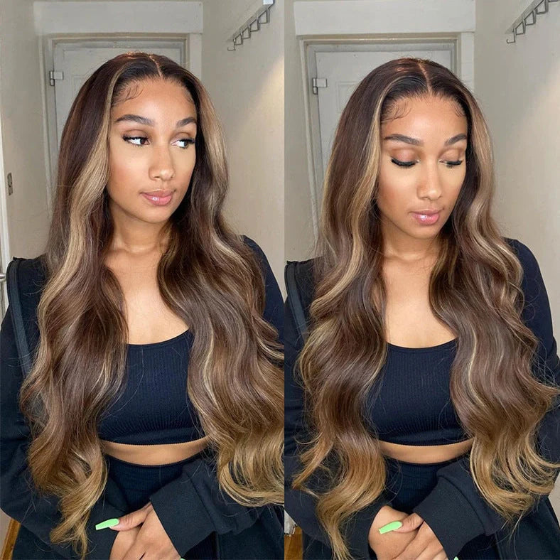 Long curly synthetic wig with lace front and gradient colours, styled with angled bangs