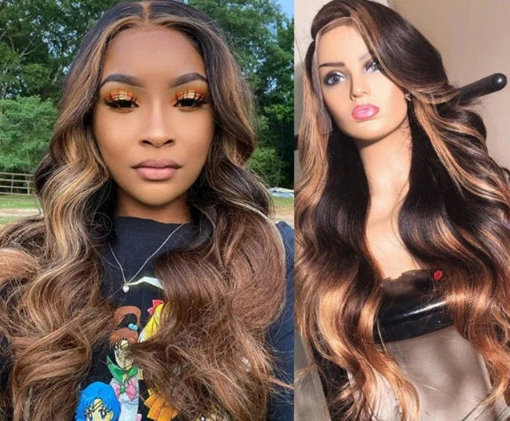 Long curly synthetic wig with lace front and gradient colours, styled with angled bangs