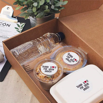 Roll of 500 round thank you for ordering stickers, 2.5cm white copper plate labels for parcels and bags