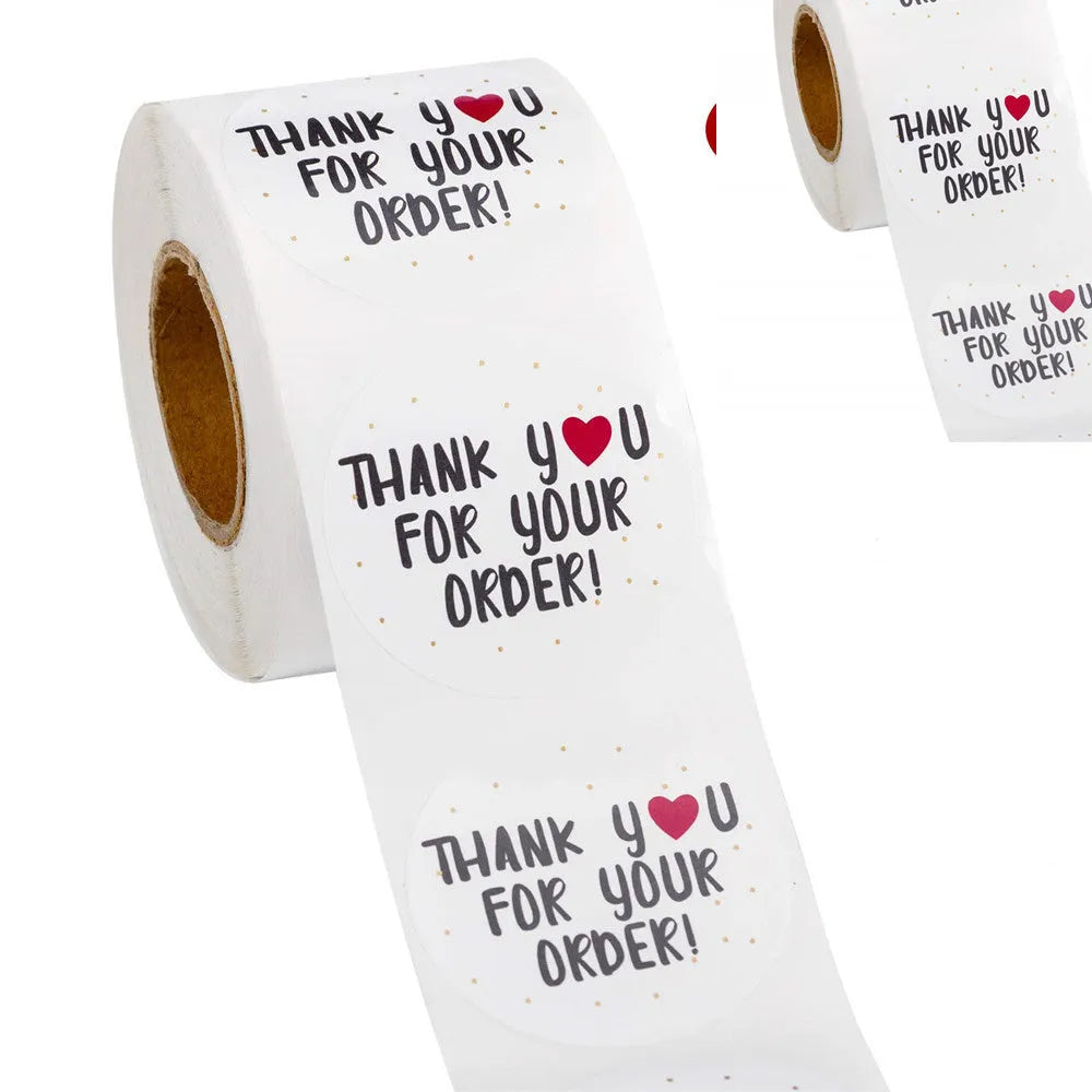 Roll of 500 round thank you for ordering stickers, 2.5cm white copper plate labels for parcels and bags